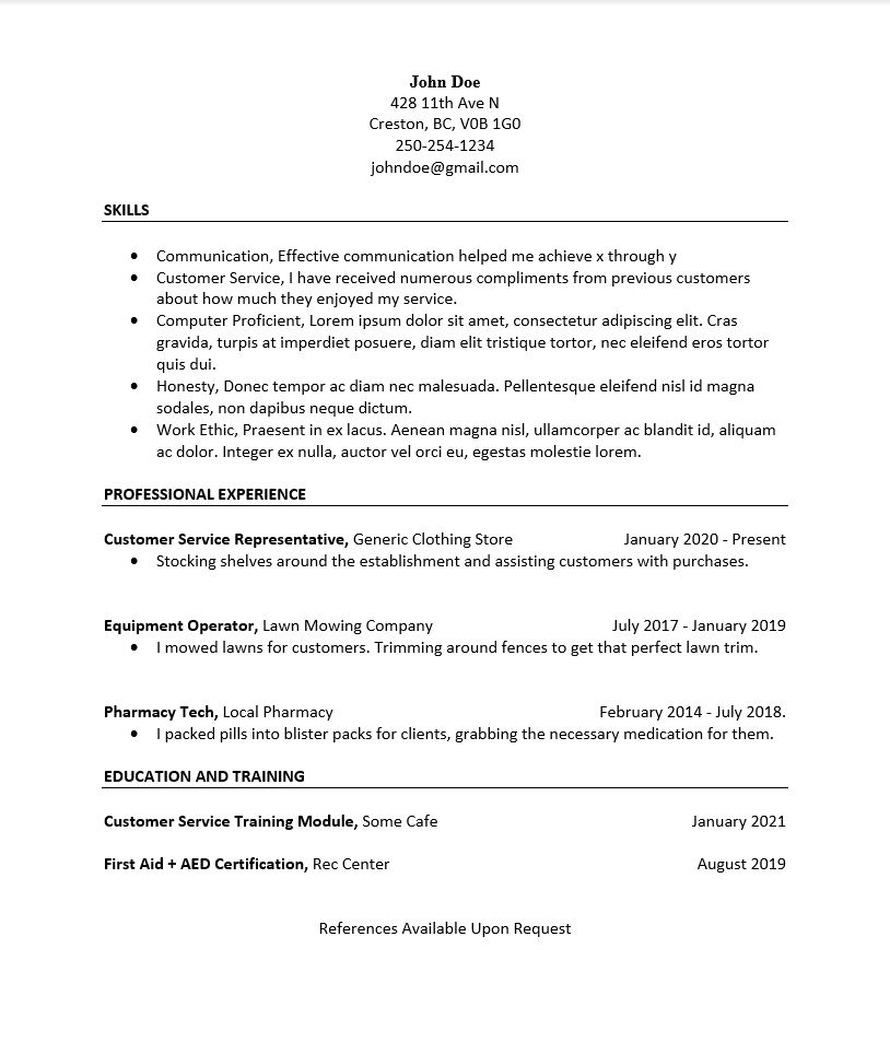 Resume with centered portions. Black and white.