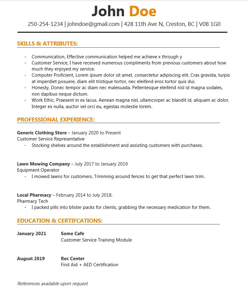 Resume with orange accents.